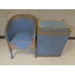 A mid 20th century loom basket chair together with glass topped linen box