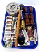A tray containing miscellany to include a boxed M Hohner harmonica, wooden recorder,