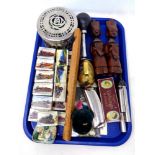 A tray containing miscellany to include a boxed M Hohner harmonica, wooden recorder,