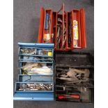 Two metal concertina tool boxes together with a further plastic tool box containing assorted hand