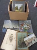 A box containing early 20th century and later framed photographs, oil on board,