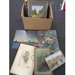 A box containing early 20th century and later framed photographs, oil on board,
