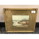 Stanley Brinton : Fishing Boats Moored by a Jetty, signed, dated 1918, 14 cm x 17 cm, framed.