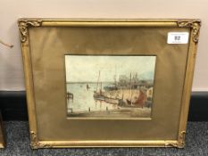 Stanley Brinton : Fishing Boats Moored by a Jetty, signed, dated 1918, 14 cm x 17 cm, framed.