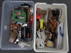 Two crates containing assorted power tools, hand tools,