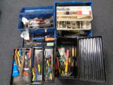 One metal and two plastic tool boxes containing a large quantity of assorted hand tools