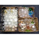 Three boxes containing antique and later glass ware including drinking glasses, vases,