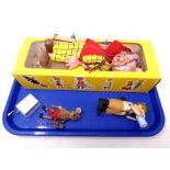 A tray containing mid 20th century Rupert the Bear Pelham puppet together with two further