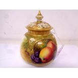 A Royal Worcester gilt-rimmed bulbous lidded pot, with hand painted Apple,
