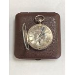 An antique silver fusee pocket watch in carrying case CONDITION REPORT: In going