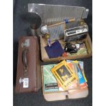 A box and a case containing sheet music, Alba radio, one-man band wash boards,