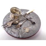A small collection of silver to include a pronged pickle fork, handled button hook,