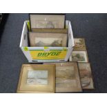 A box containing ten 1920s/1930s Stanley Brinton watercolours and pencil drawings to include Old