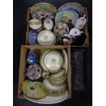 Two boxes containing antique and later ceramics to include wall plates, novelty teapot,