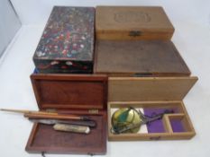 A tray containing antique and later wooden boxes, cigar boxes, cased opium scales.