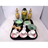 A tray containing assorted ceramics to include a pair of 19th century Meissen lidded vases (a/f)