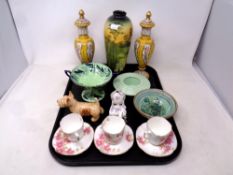 A tray containing assorted ceramics to include a pair of 19th century Meissen lidded vases (a/f)