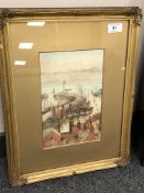 Stanley Brinton : Fishing Boats Moored at a Quay, watercolour, signed, dated 1917, 25 cm x 16 cm,