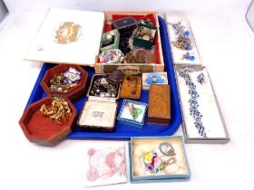 A tray of vintage and later costume jewellery, coin,