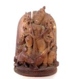 A finely carved Indian hardwood panel depicting Durga