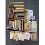 Two boxes containing antiquarian and later books, sketch books, Royal family ephemera,