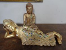 Two gilt wood Buddha's with mosaic decoration