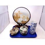 A tray containing oriental wares to include blue and white vase, character marks to base,