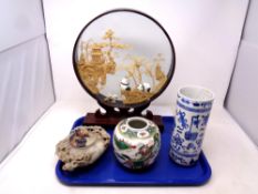 A tray containing oriental wares to include blue and white vase, character marks to base,