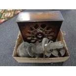 A box containing an early 20th century Amplion Cone speaker together with an oil lamp with glass
