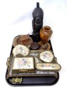 A tray containing five piece petit-point dressing table set together with wooden items to include