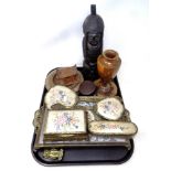 A tray containing five piece petit-point dressing table set together with wooden items to include