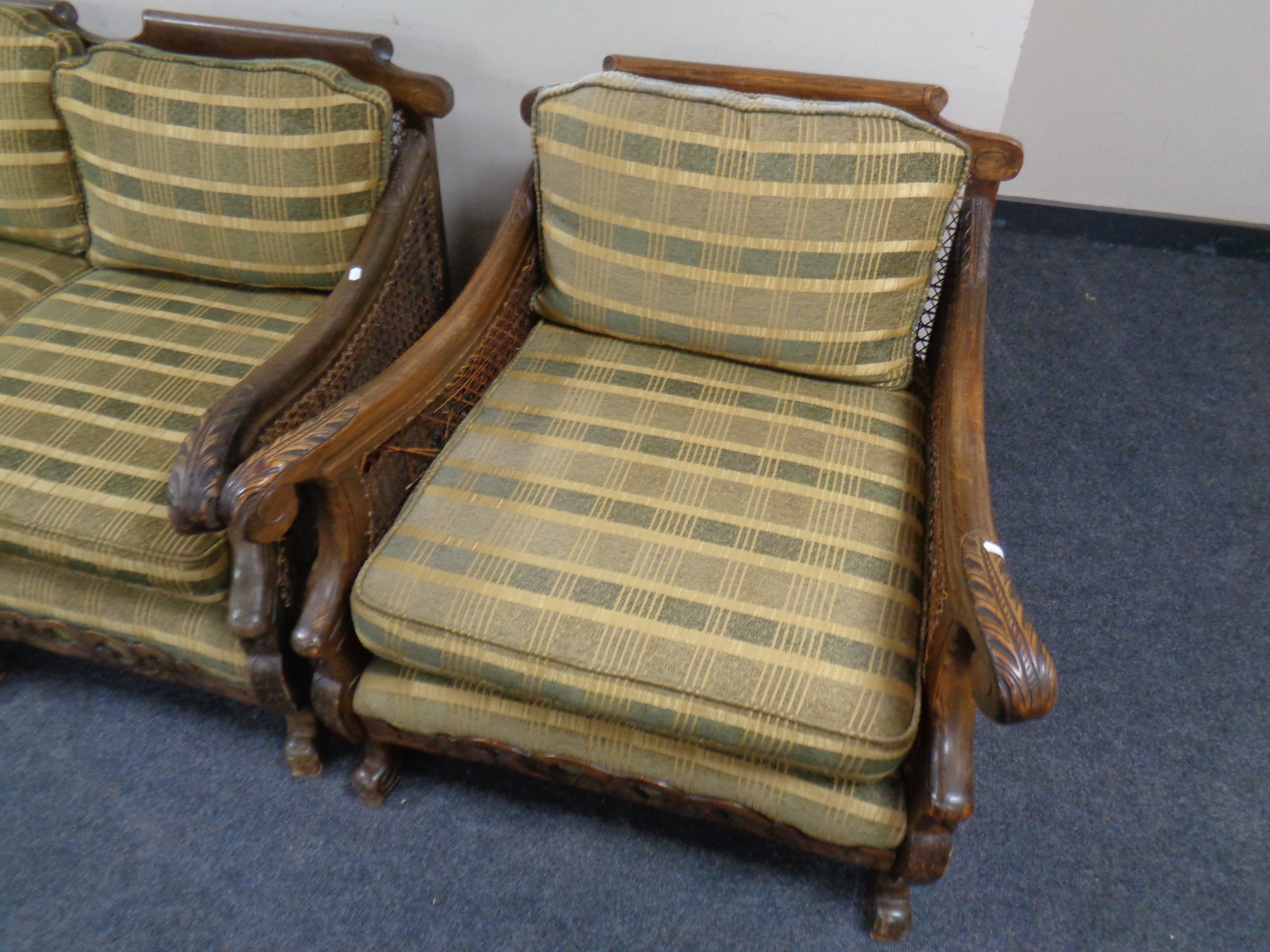 A carved beech bergere three piece lounge suite - Image 2 of 2