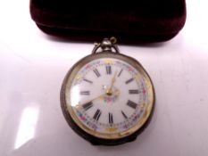 A continental silver cased lady's fob watch with enamel dial (cased)