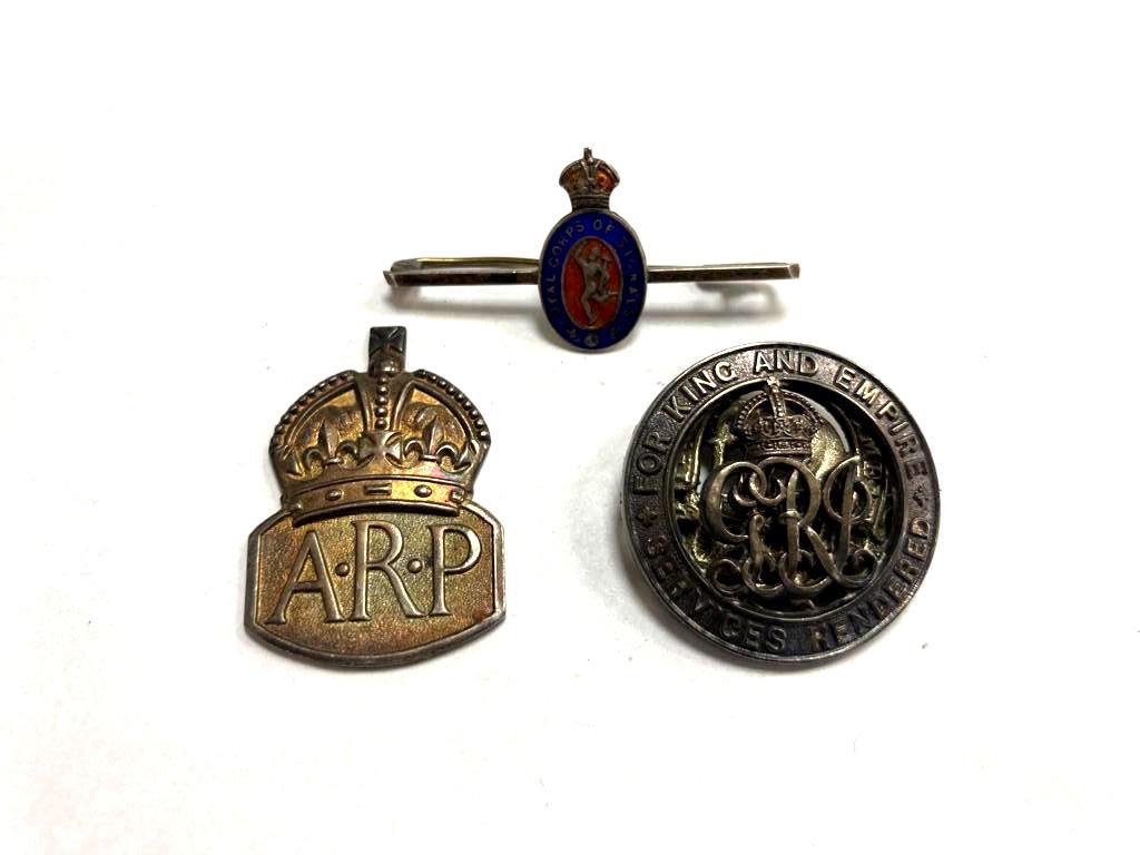 A group of silver badges including ARP, Punjab regiment,