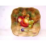 A Royal Worcester gilt-rimmed square dish, with hand painted Peach and Grape decoration,