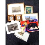 A box containing a collection of unframed and framed pictures to include watercolour of Middle