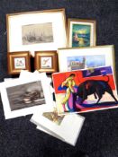 A box containing a collection of unframed and framed pictures to include watercolour of Middle