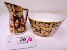 A Royal Crown Derby Imari pattern miniature sugar bowl and cream jug set, bowl height 4 cm,