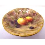 A Royal Worcester gilt-rimmed circular dish, with hand painted Apple and Blackberry decoration,