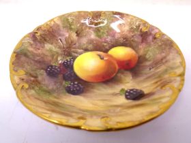A Royal Worcester gilt-rimmed circular dish, with hand painted Apple and Blackberry decoration,