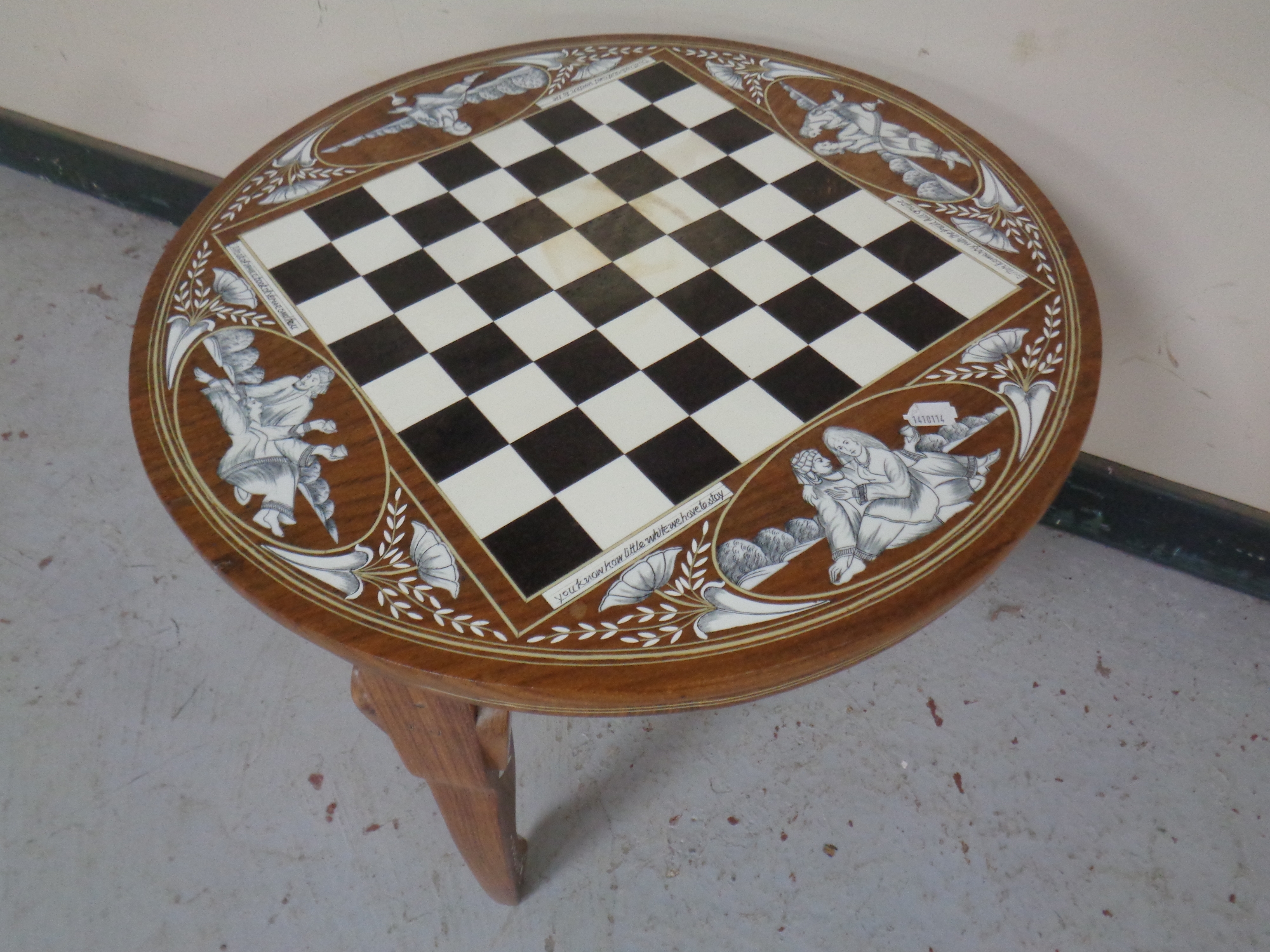 An Indian bone inlaid tripod occasional table with chessboard top by Sandeep Handicrafts (labelled