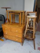 A three drawer bedroom chest together with a nest of three tables, wine table, pine kitchen stool,