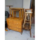 A three drawer bedroom chest together with a nest of three tables, wine table, pine kitchen stool,