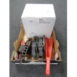 A box containing pendant light fitting, boxed trolley jack, sander.