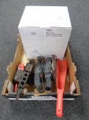 A box containing pendant light fitting, boxed trolley jack, sander.