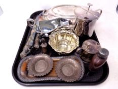 A tray containing antique and later plated wares to include lidded entree dish,