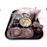 A tray containing antique and later plated wares to include lidded entree dish,