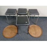 Four 20th century metal framed stools together with two Swedish teak Savsjo circular serving trays