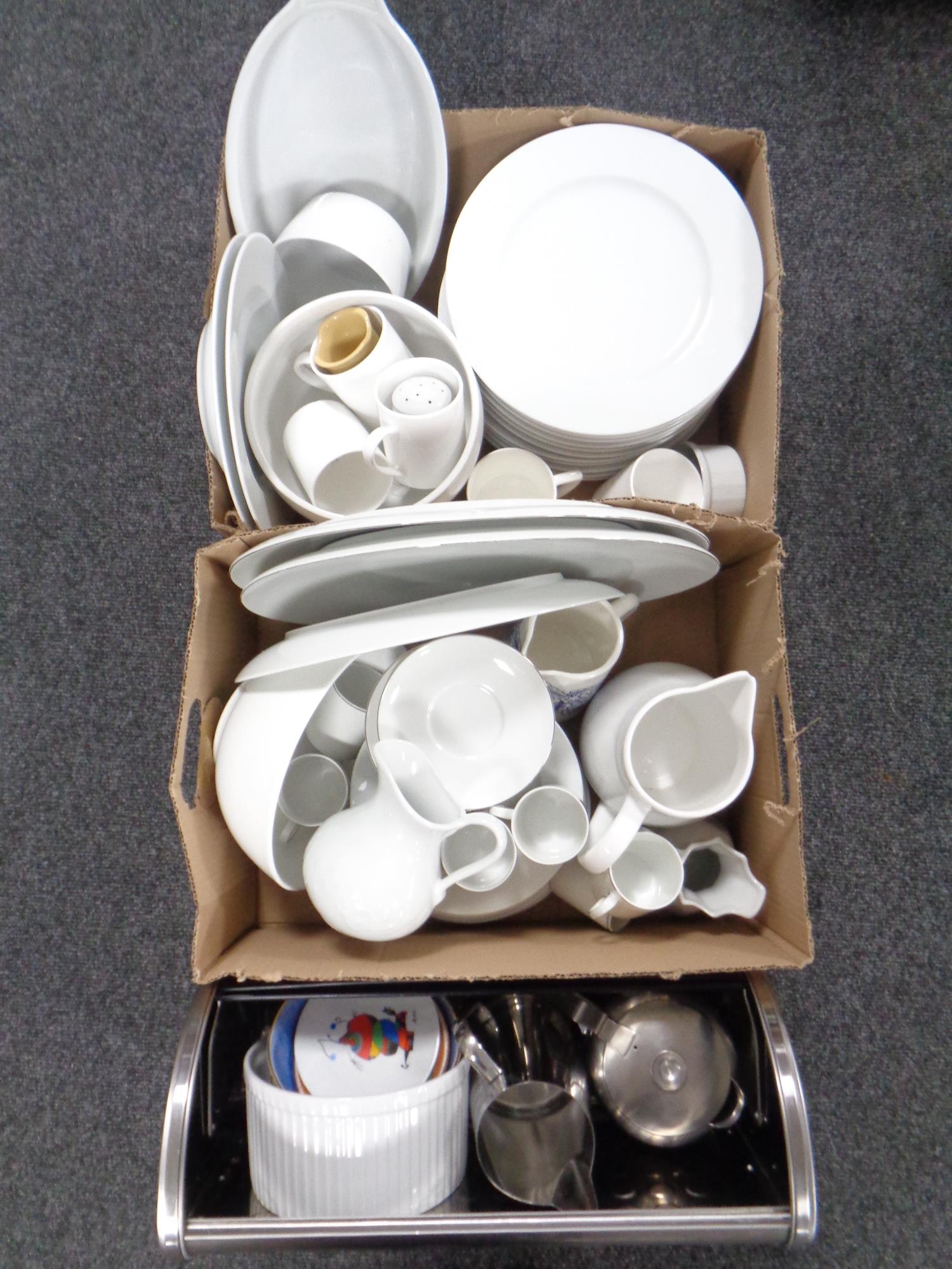 Two boxes containing white ceramic kitchen ware to include John Lewis,