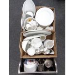 Two boxes containing white ceramic kitchen ware to include John Lewis,